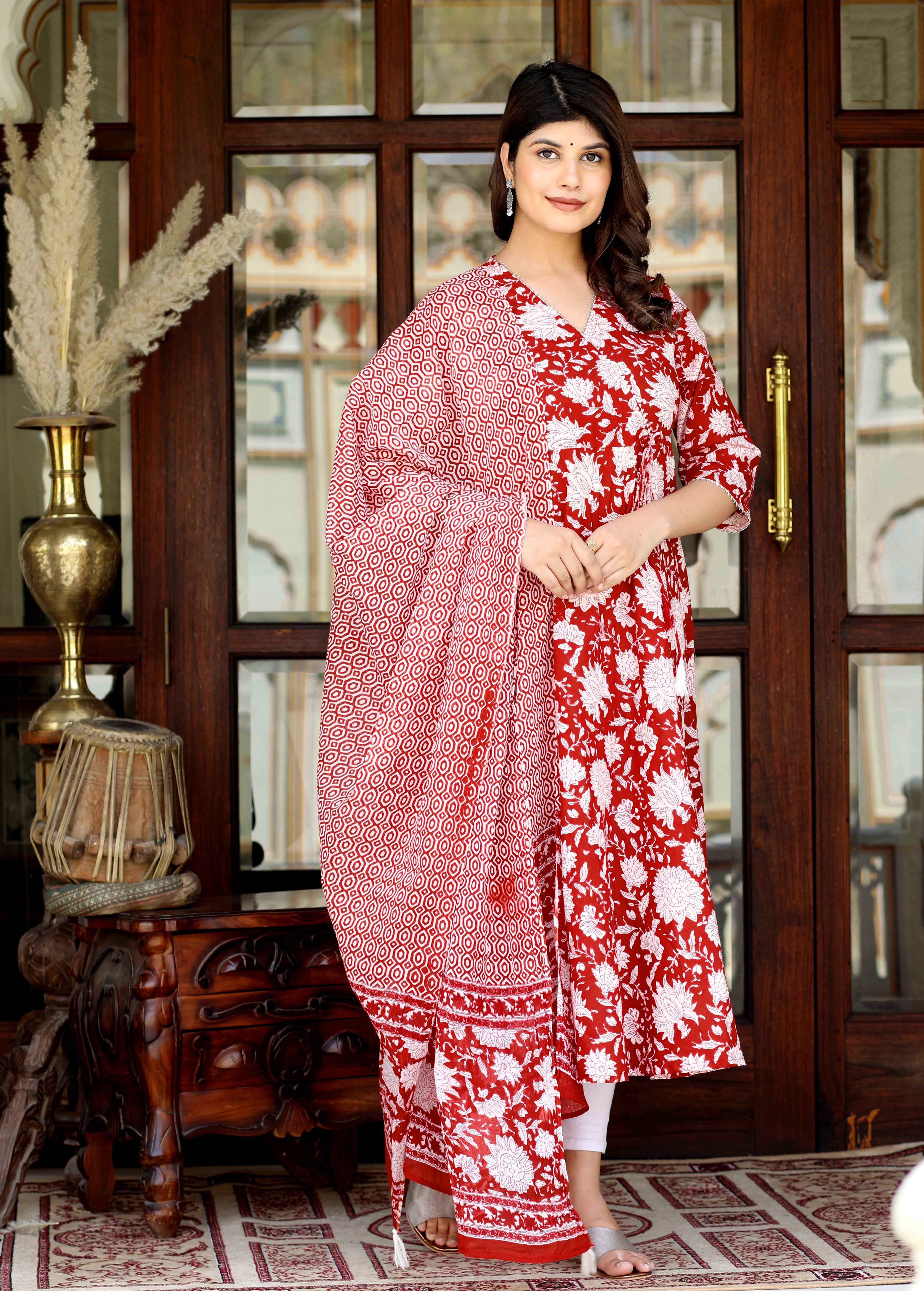 Women's Red Floral Printed Gotta Patti V-Neck 3/4Th Sleeves Angrakha Style Anarkali Kurta And Dupatta - Doriyaan