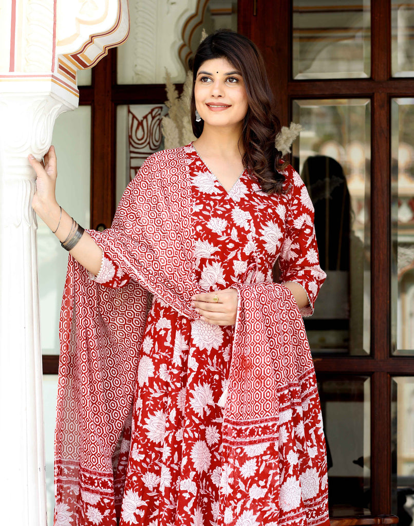 Women's Red Floral Printed Gotta Patti V-Neck 3/4Th Sleeves Angrakha Style Anarkali Kurta And Dupatta