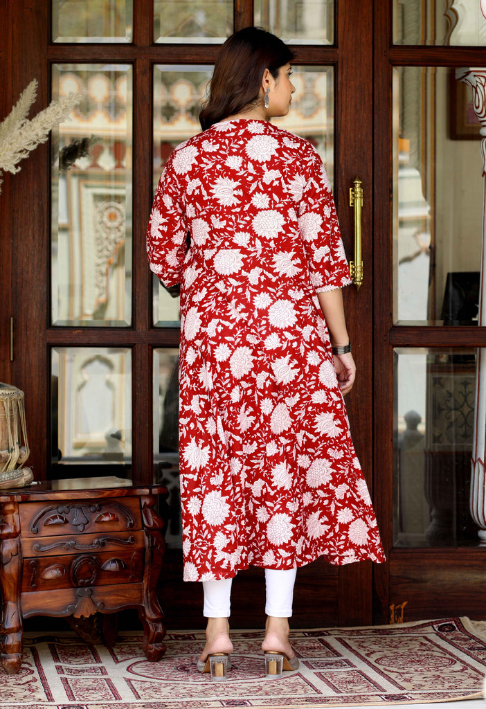 Women's Red Floral Printed Gotta Patti V-Neck 3/4Th Sleeves Angrakha Style Anarkali Kurta And Dupatta