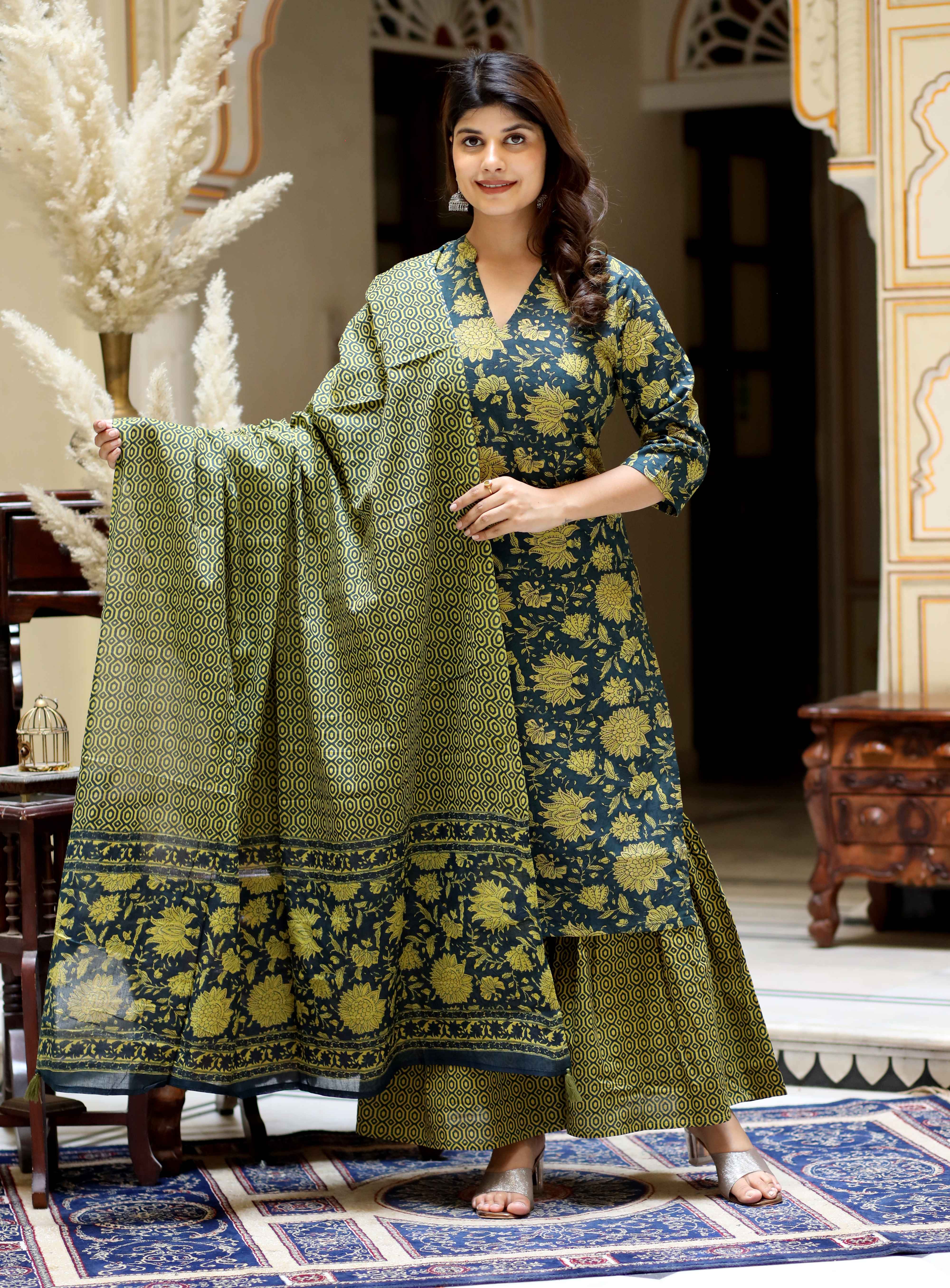 Women's Green Cotton Floral Printed Kurta With Sharara And Dupatta - Doriyaan