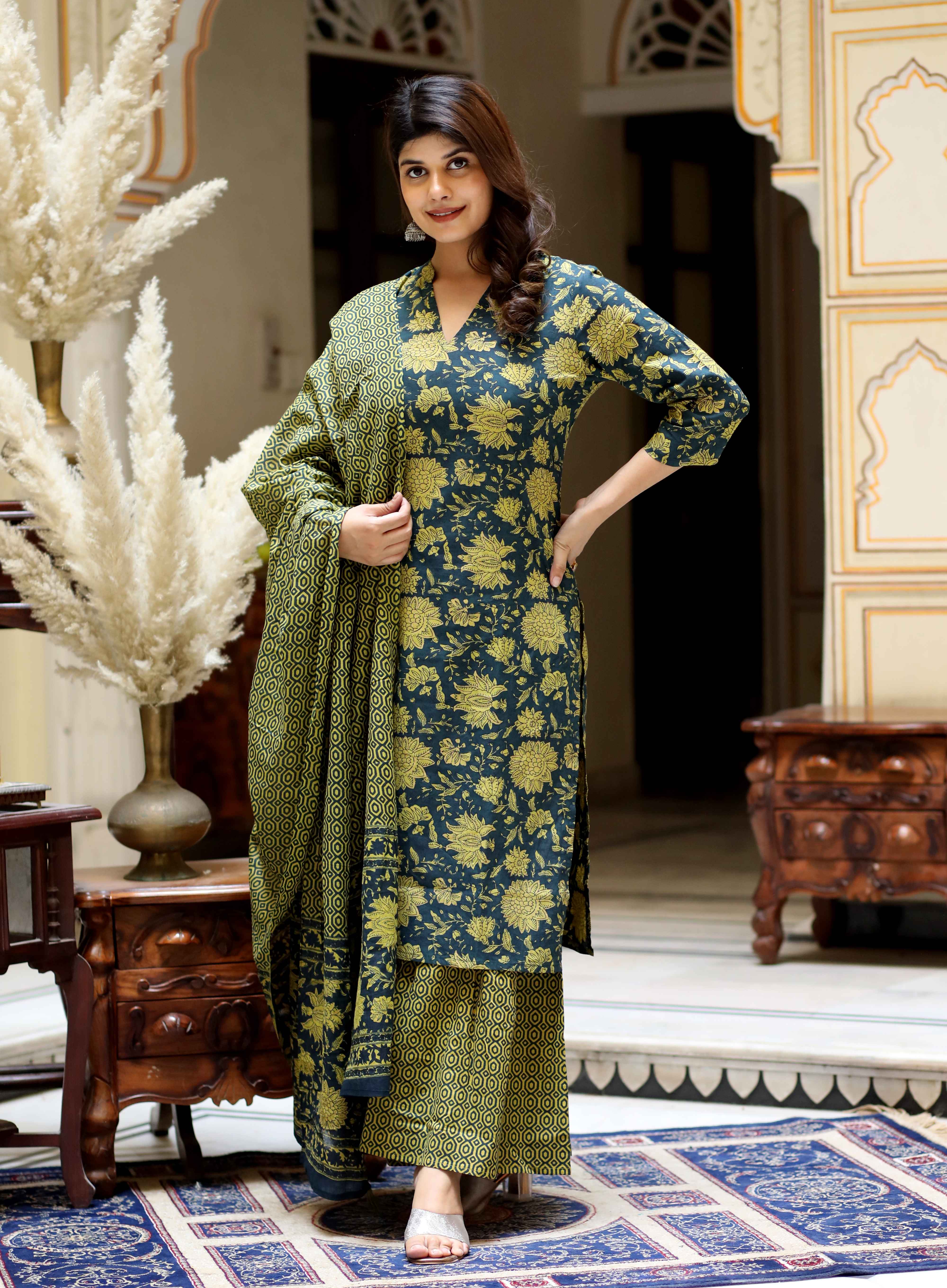 Women's Green Cotton Floral Printed Kurta With Sharara And Dupatta - Doriyaan
