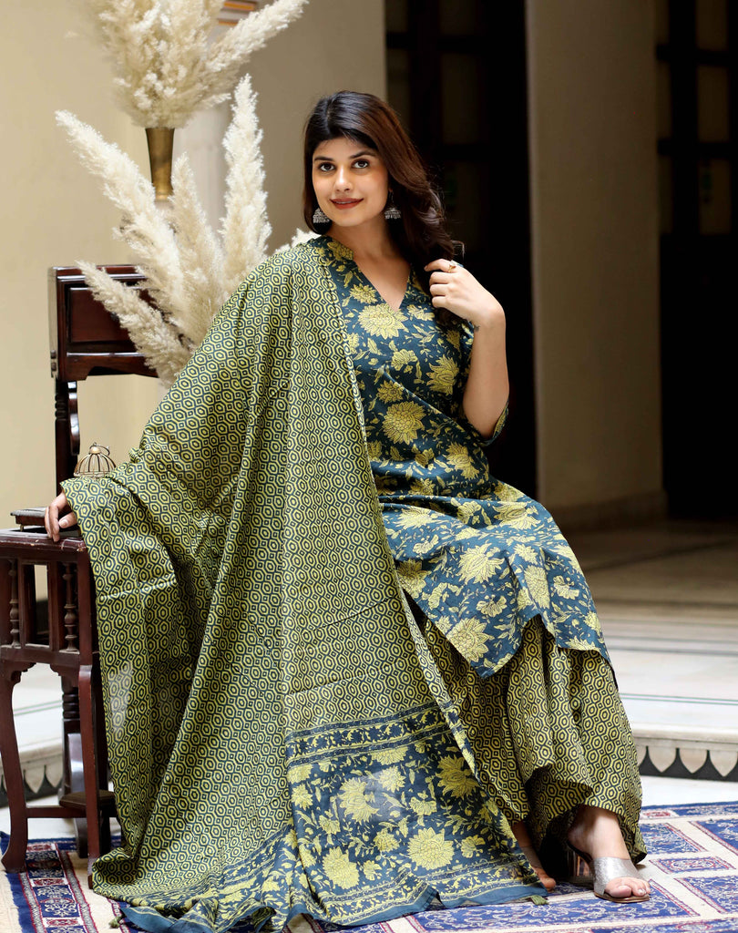 Women's Green Cotton Floral Printed Kurta With Sharara And Dupatta