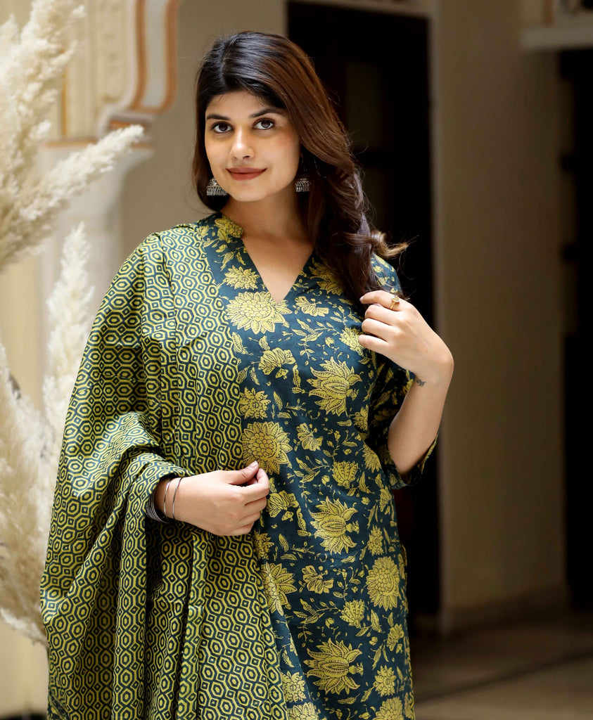 Women's Green Cotton Floral Printed Kurta With Sharara And Dupatta