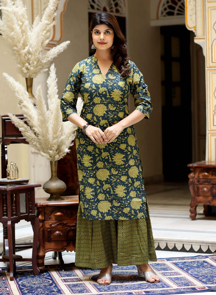 Women's Green Cotton Floral Printed Kurta With Sharara