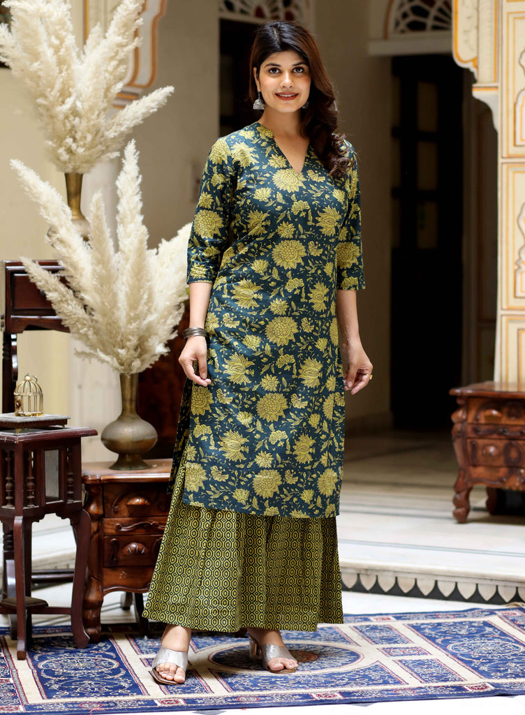 Women's Green Cotton Floral Printed Kurta With Sharara
