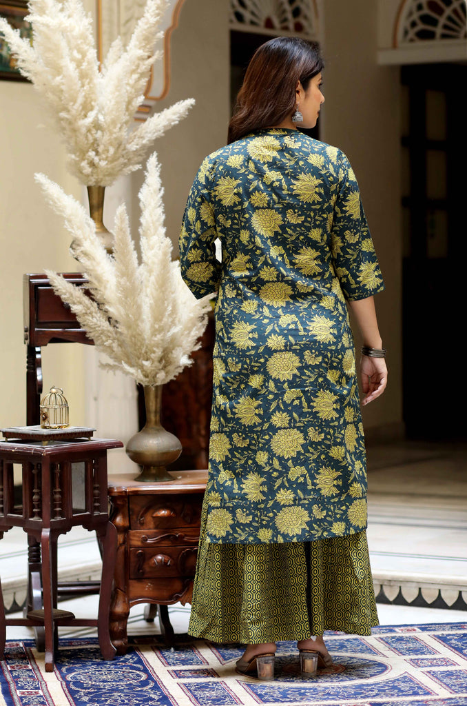 Women's Green Cotton Floral Printed Kurta With Sharara