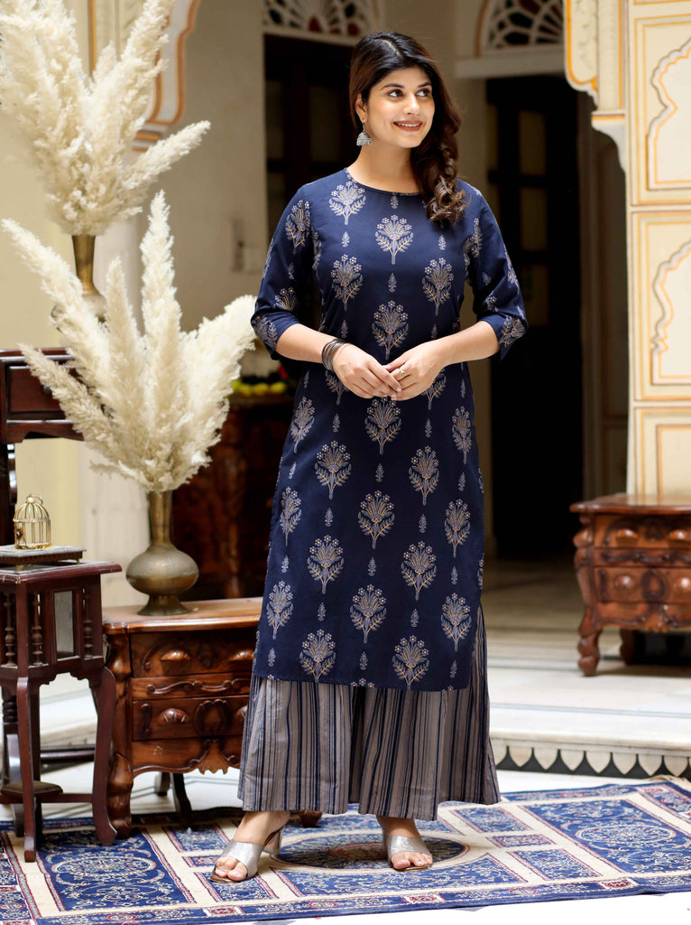 Women's Cotton Floral Printed Blue Kurta With Grey Sharara Set