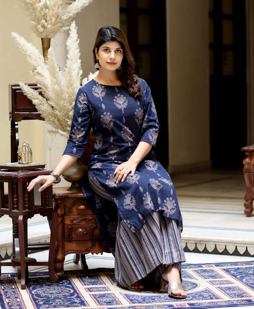 Women's Cotton Floral Printed Blue Kurta With Grey Sharara Set
