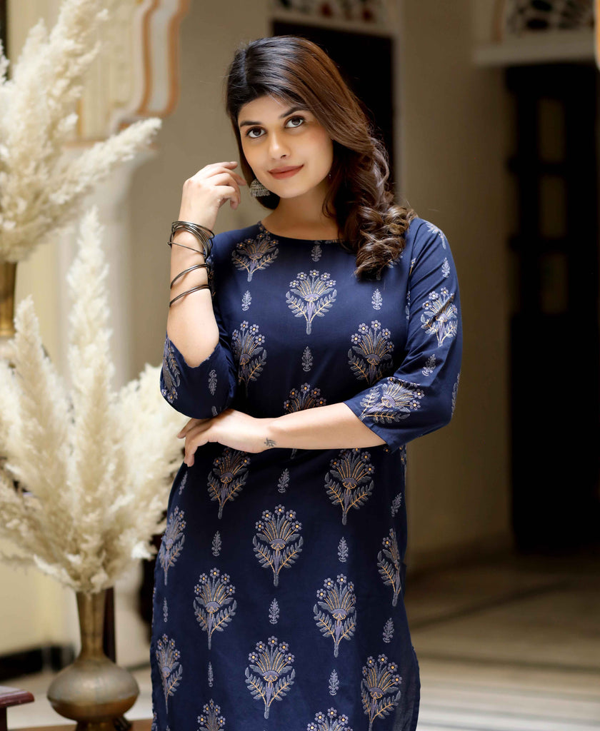 Women's Cotton Floral Printed Blue Kurta With Grey Sharara Set