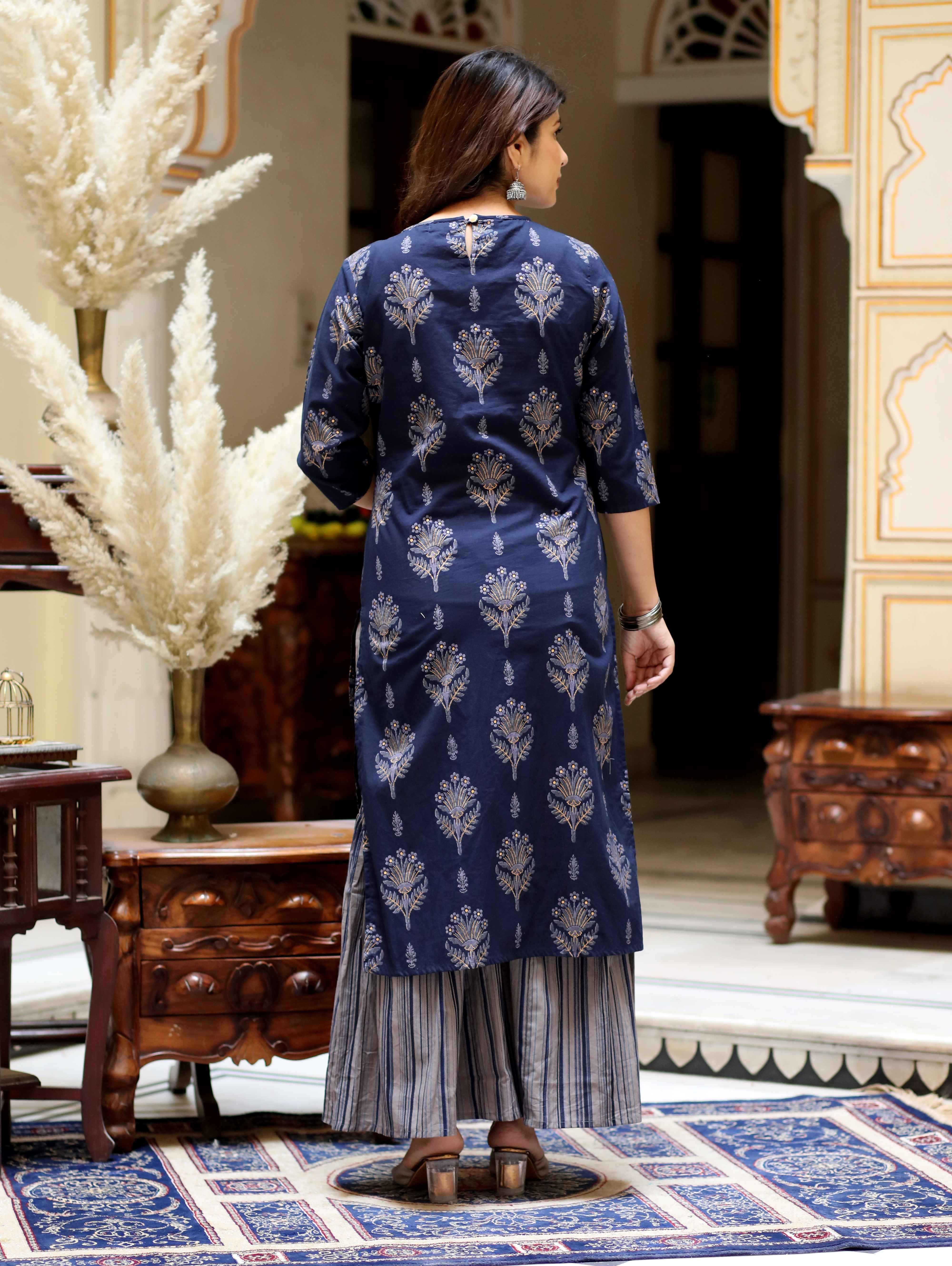 Women's Cotton Floral Printed Blue Kurta With Grey Sharara Set - Doriyaan