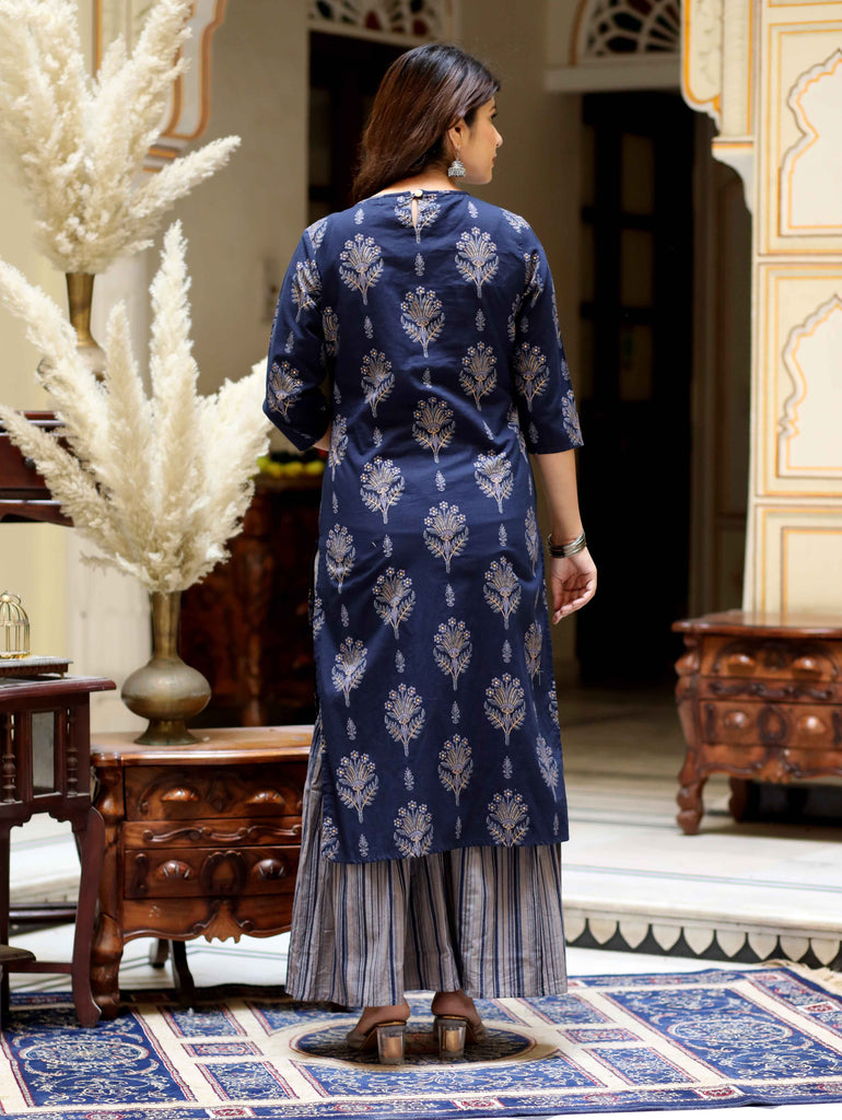 Women's Cotton Floral Printed Blue Kurta With Grey Sharara Set