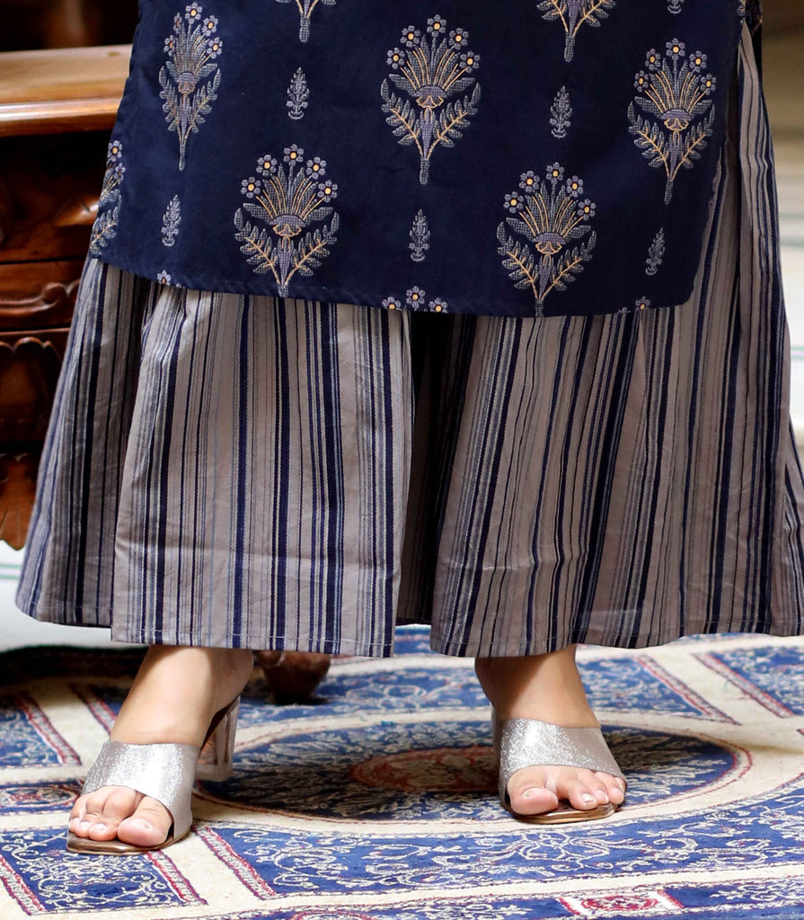 Women's Cotton Floral Printed Blue Kurta With Grey Sharara Set