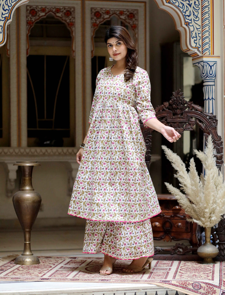 Women's Beautiful Floral Print Cotton Pink Kurta Sharara Set