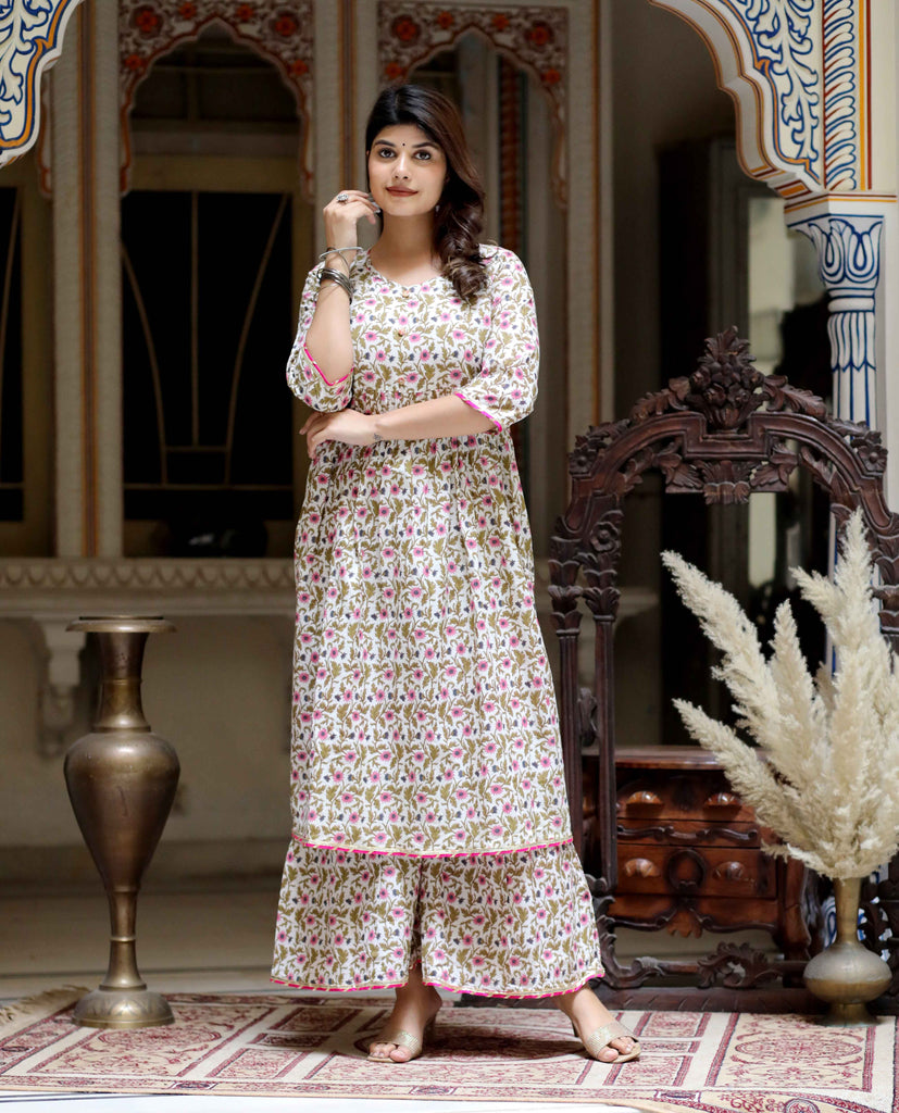 Women's Beautiful Floral Print Cotton Pink Kurta Sharara Set