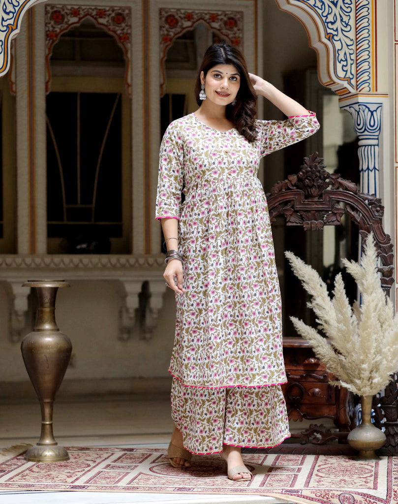 Women's Beautiful Floral Print Cotton Pink Kurta Sharara Set