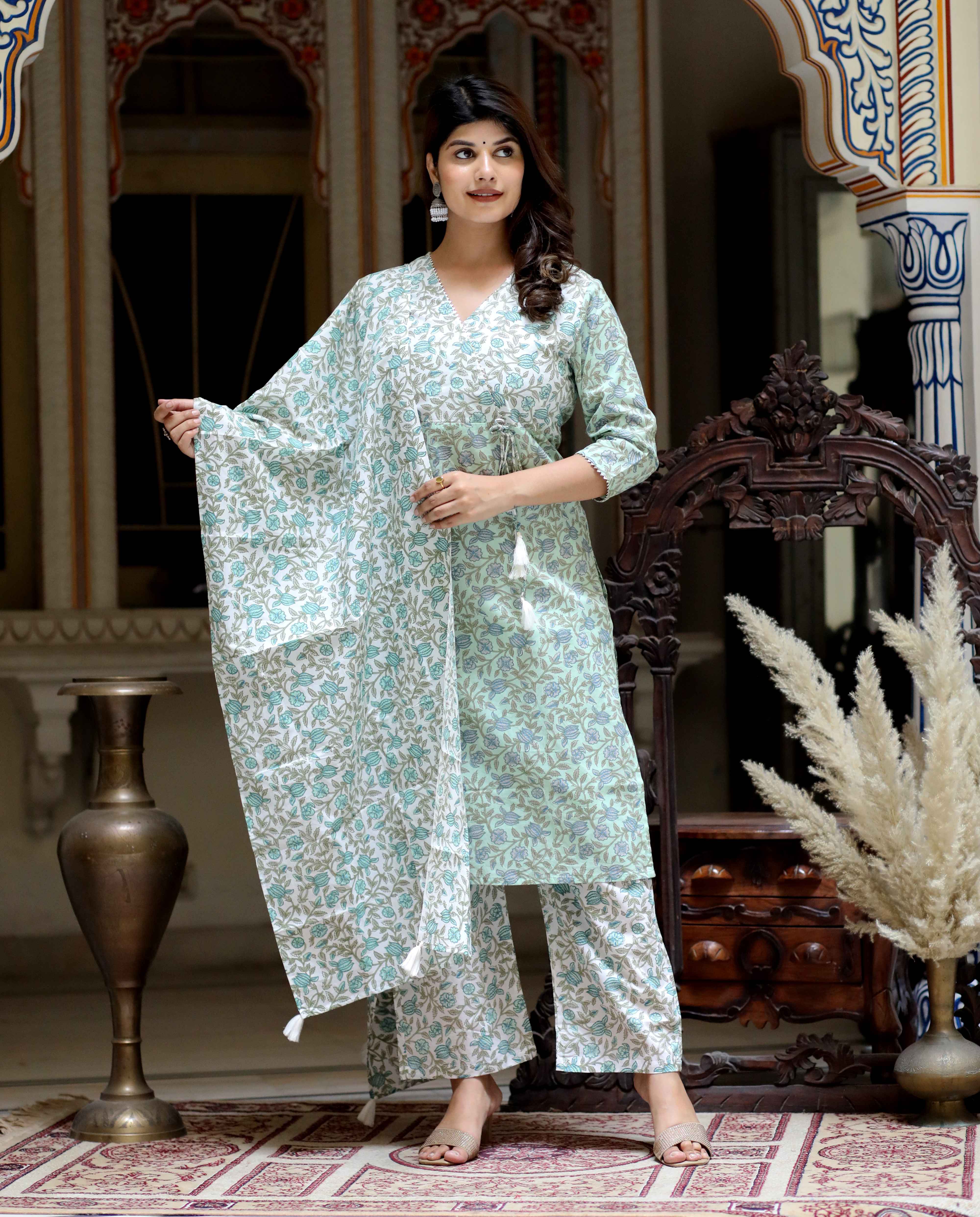 Women's Green Floral Printed Attractive Straight Angrakha Pure Cotton Kurta With Palazzo And Dupatta Set - Doriyaan