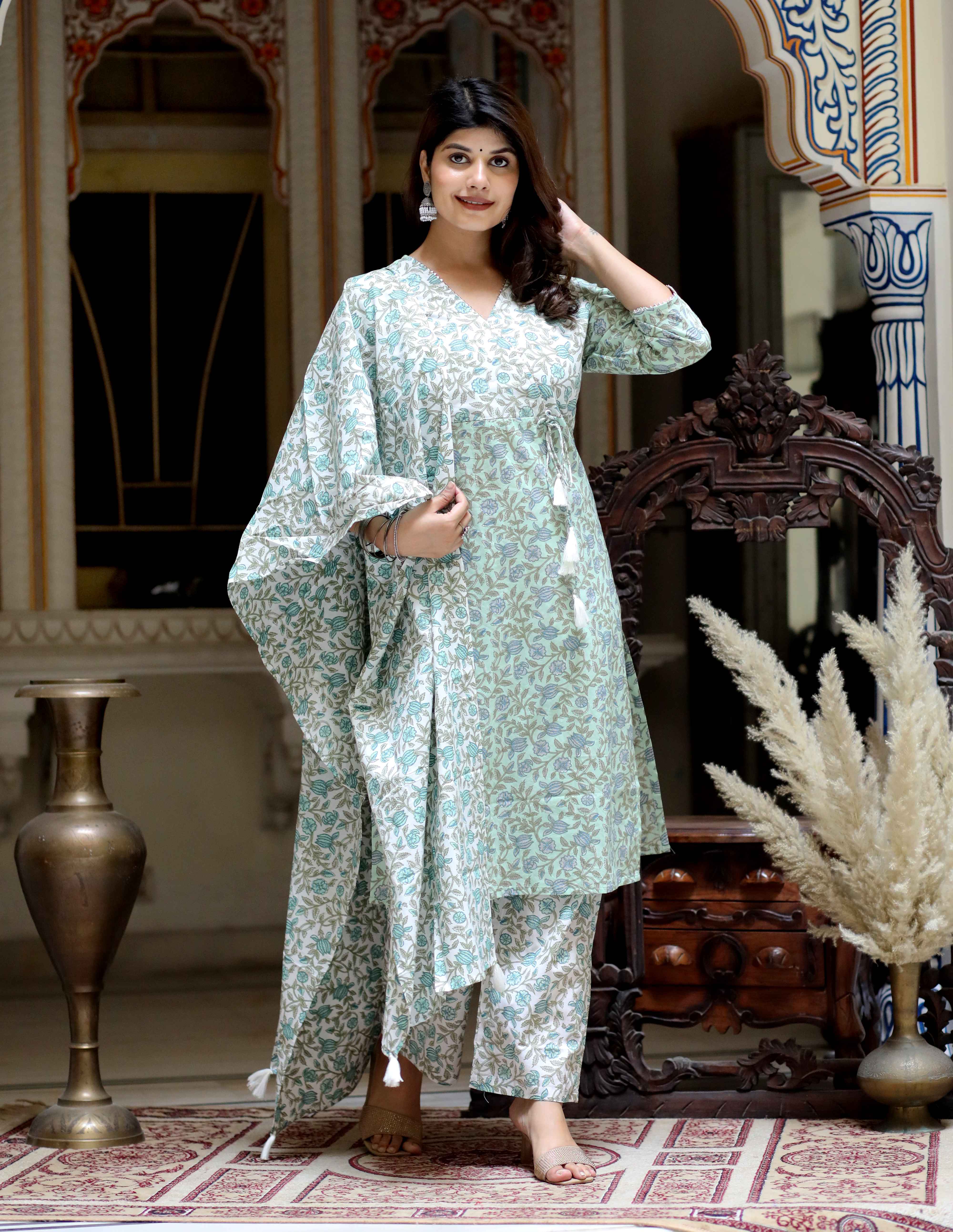 Women's Green Floral Printed Attractive Straight Angrakha Pure Cotton Kurta With Palazzo And Dupatta Set - Doriyaan