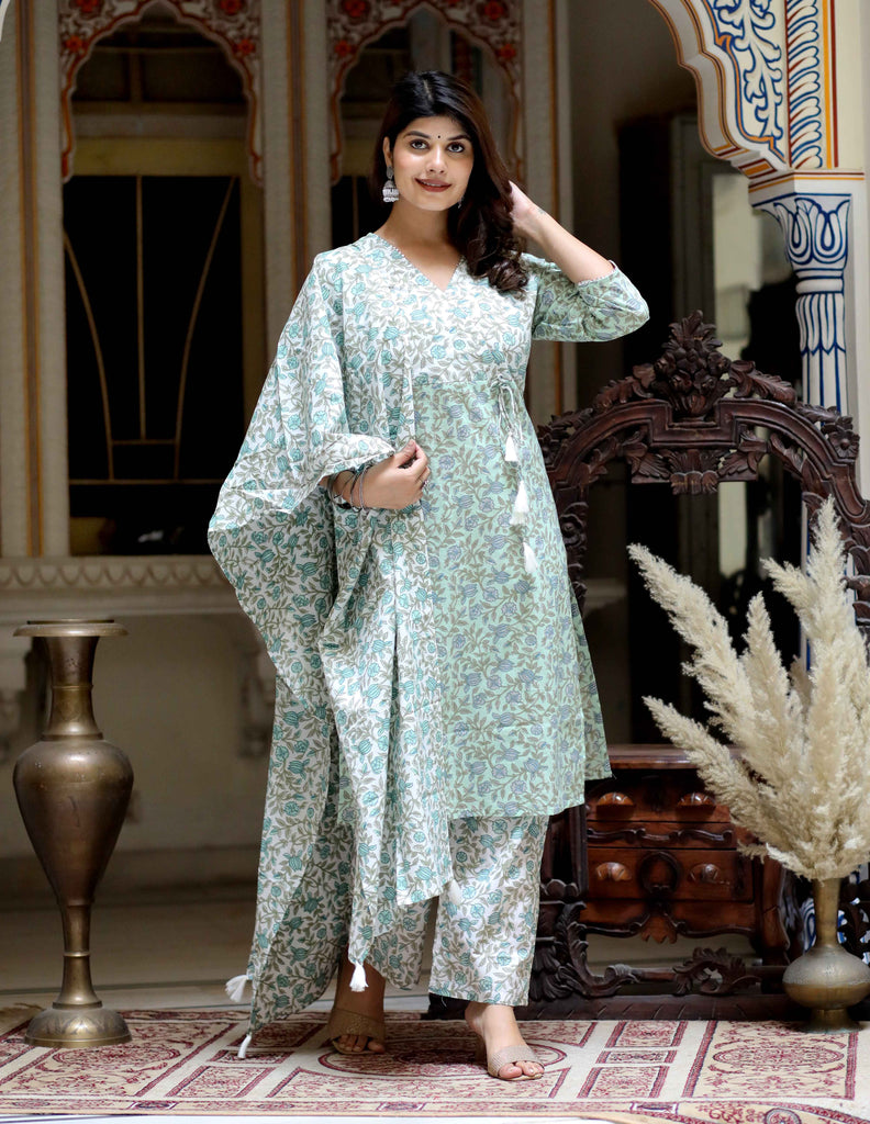 Women's Green Floral Printed Attractive Straight Angrakha Cotton Kurta With Palazzo And Dupatta Set