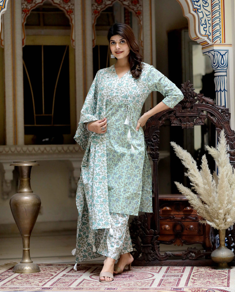 Women's Green Floral Printed Attractive Straight Angrakha Cotton Kurta With Palazzo And Dupatta Set