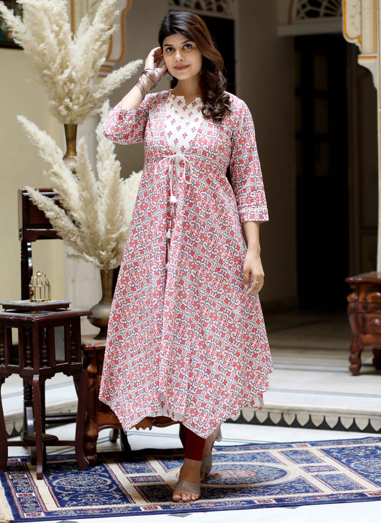 Women's Gorgeous Floral Printed Sleeveless Cotton Long Kurta With Floral Printed Jacket