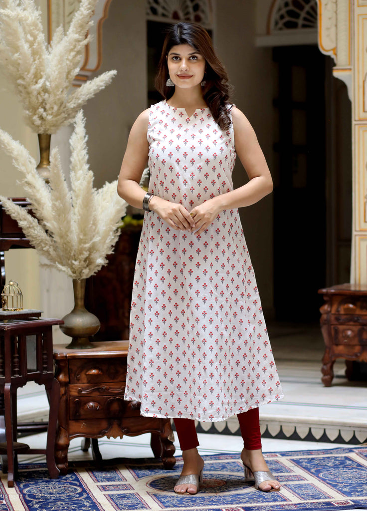 Women's Gorgeous Floral Printed Sleeveless Cotton Long Kurta With Floral Printed Jacket