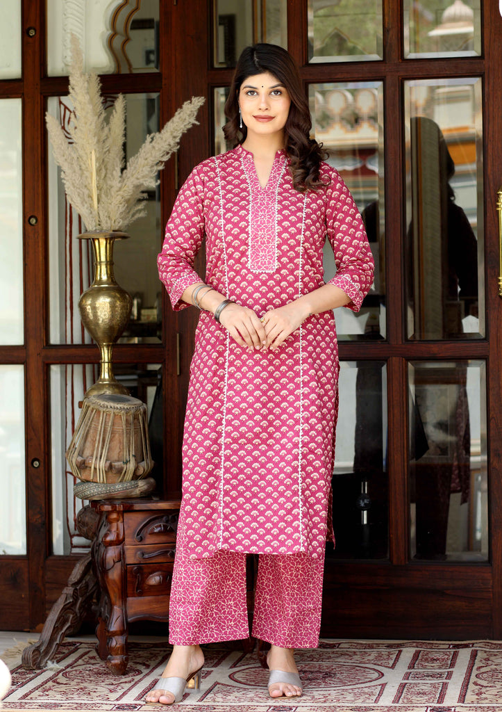 Women's Floral Printed Charming Pink Straight Kurta With Palazzo Set