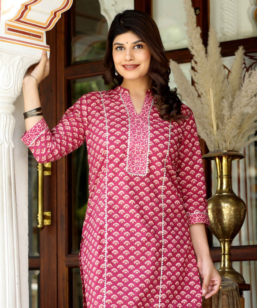 Women's Floral Printed Charming Pink Straight Kurta With Palazzo Set