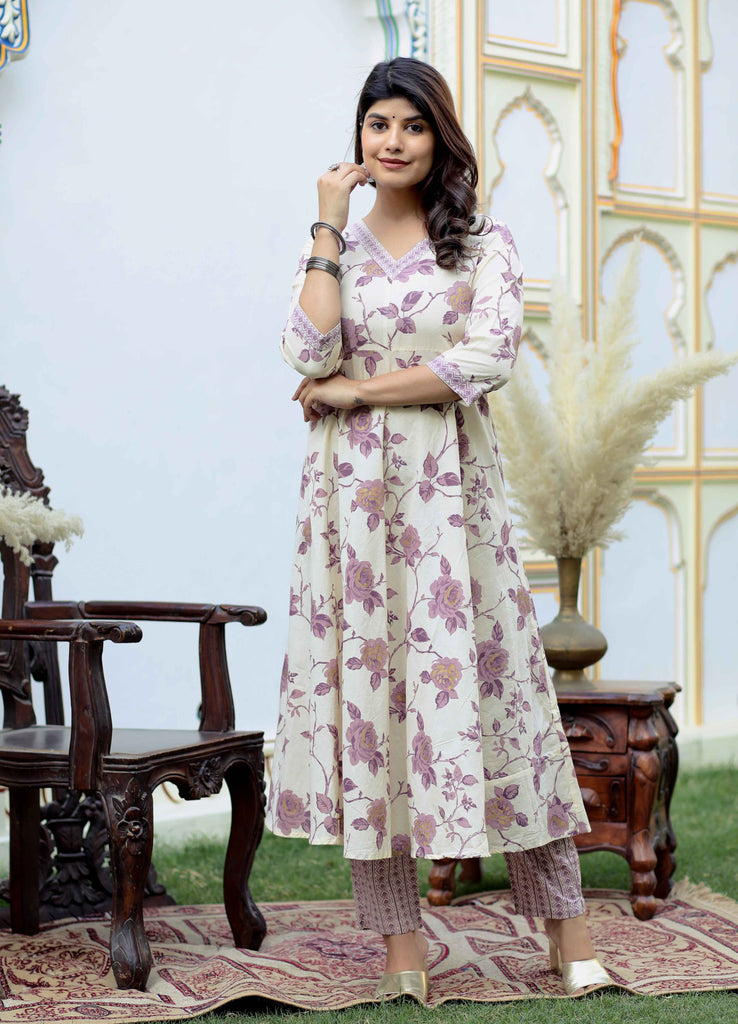 Women's Pink Floral Printed V-Neck Anarkali Kurta & Palazzo Set