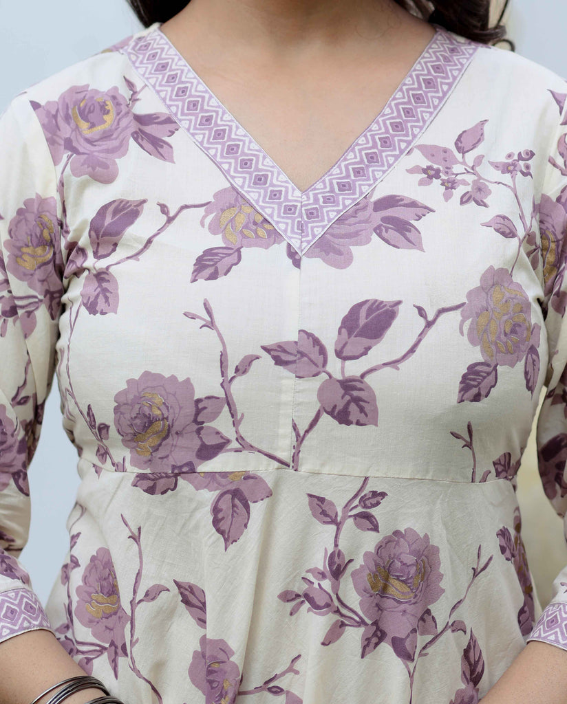 Women's Pink Floral Printed V-Neck Anarkali Kurta & Palazzo Set