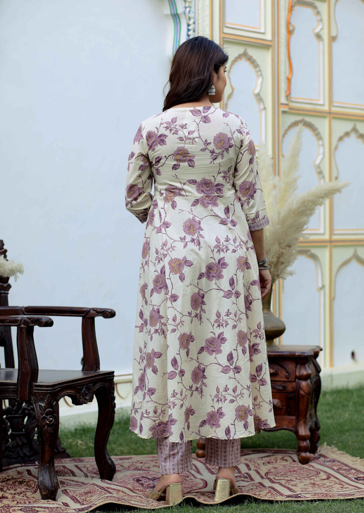 Women's Pink Floral Printed V-Neck Anarkali Kurta & Palazzo Set