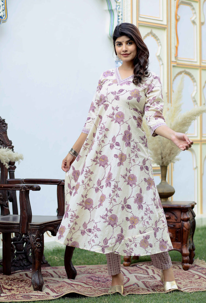 Women's Pink Floral Printed V-Neck Anarkali Kurta & Palazzo Set