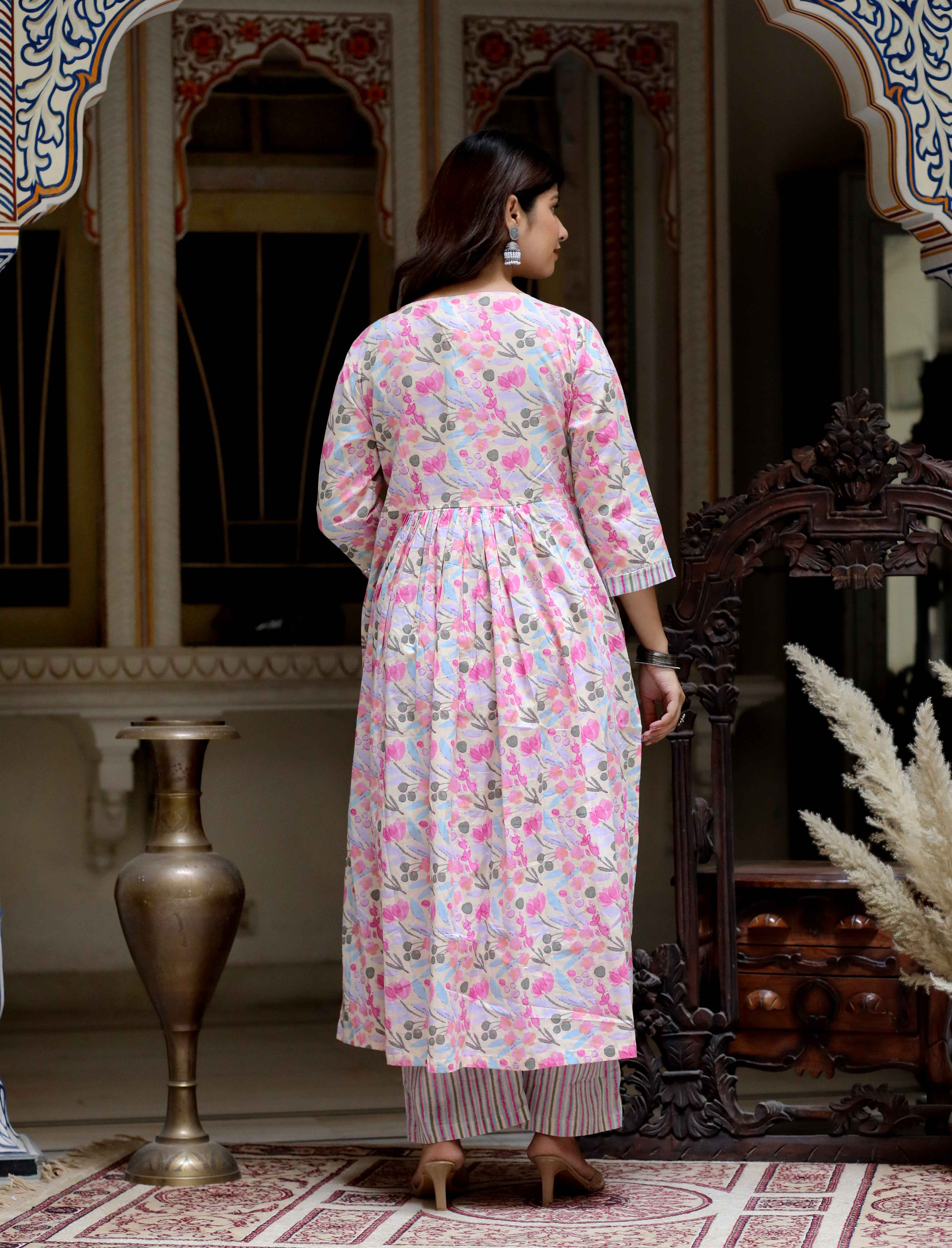 Women's Pink Printed Cotton Partywear Nayra Kurta Palazzo Set
 - Doriyaan