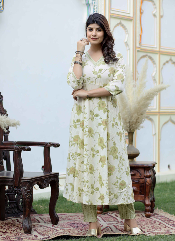 Women's Cotton Floral Print Green Anarkali Kurta & Palazzo Set