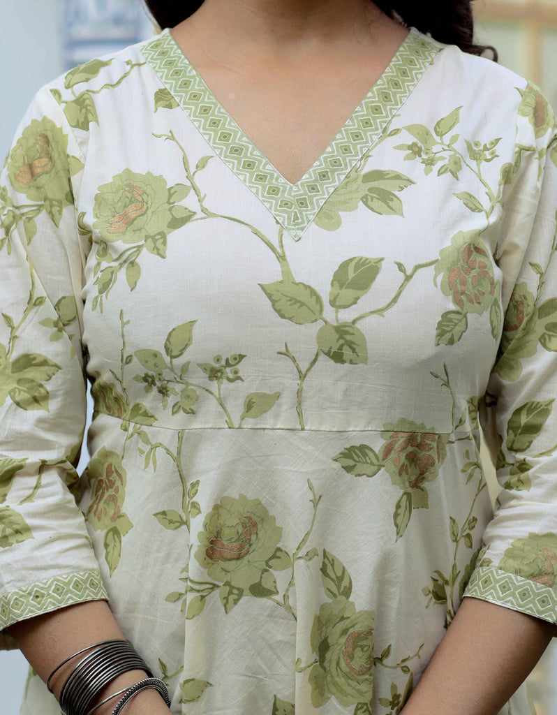 Women's Cotton Floral Print Green Anarkali Kurta & Palazzo Set