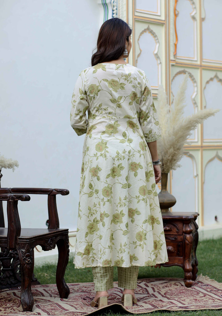 Women's Cotton Floral Print Green Anarkali Kurta & Palazzo Set