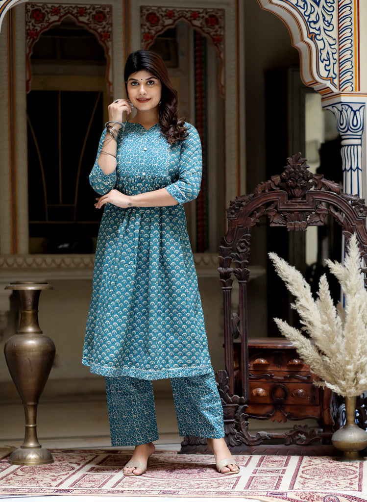 Women's Blue Floral Print Gota Patti Nayra Cut Kurta With Palazzo