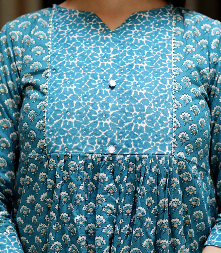Women's Blue Floral Print Gota Patti Nayra Cut Kurta With Palazzo