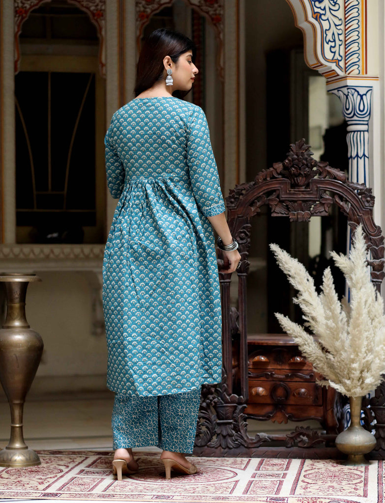Women's Blue Floral Print Gota Patti Nayra Cut Kurta With Palazzo