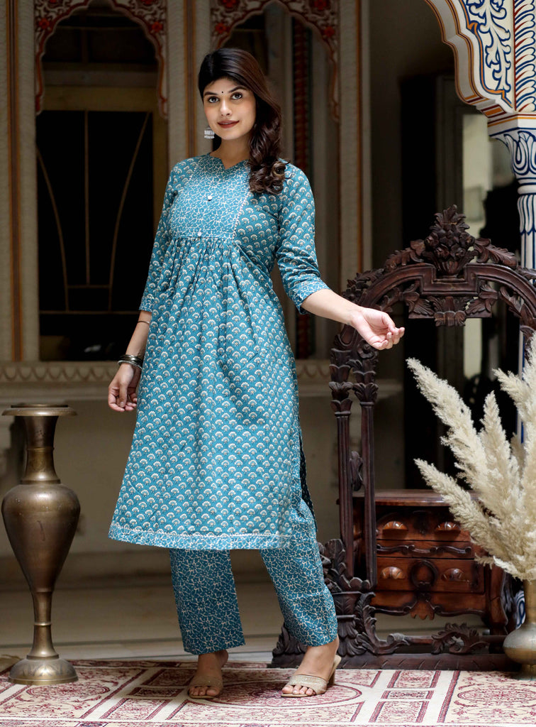 Women's Blue Floral Print Gota Patti Nayra Cut Kurta With Palazzo