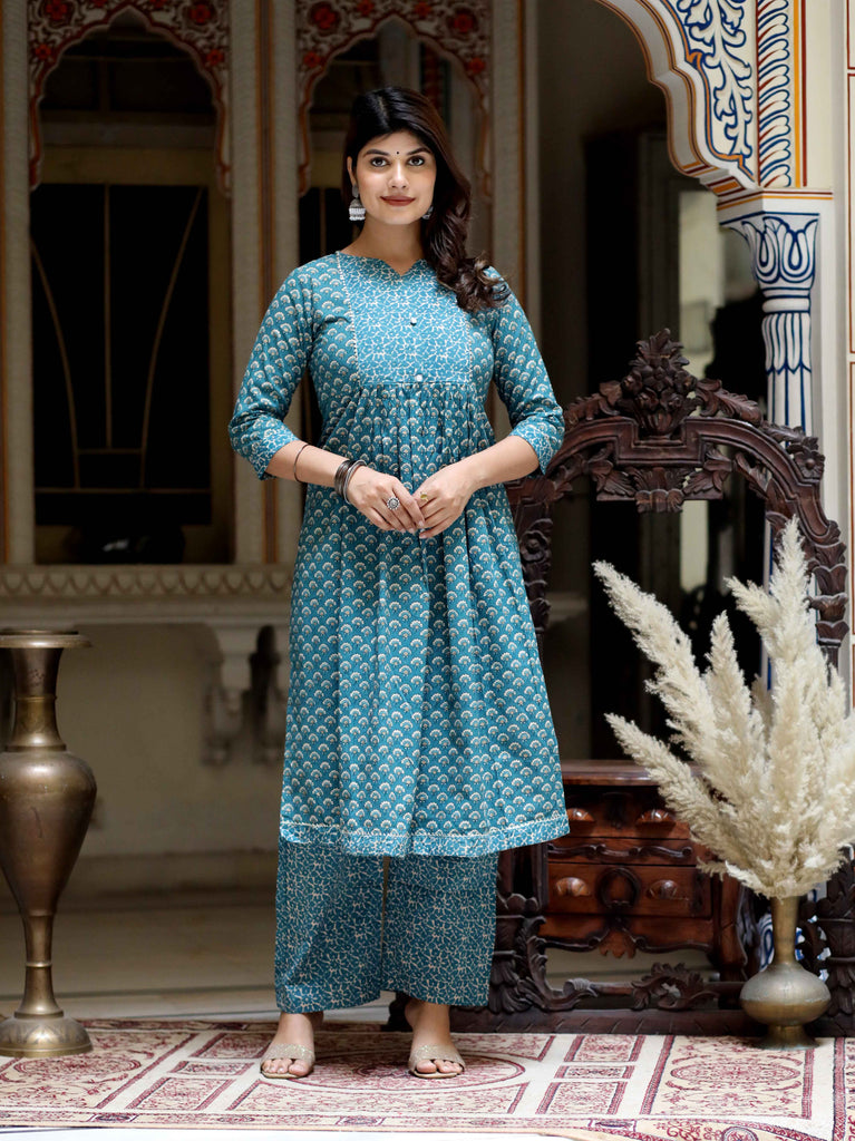 Women's Blue Floral Print Gota Patti Nayra Cut Kurta With Palazzo