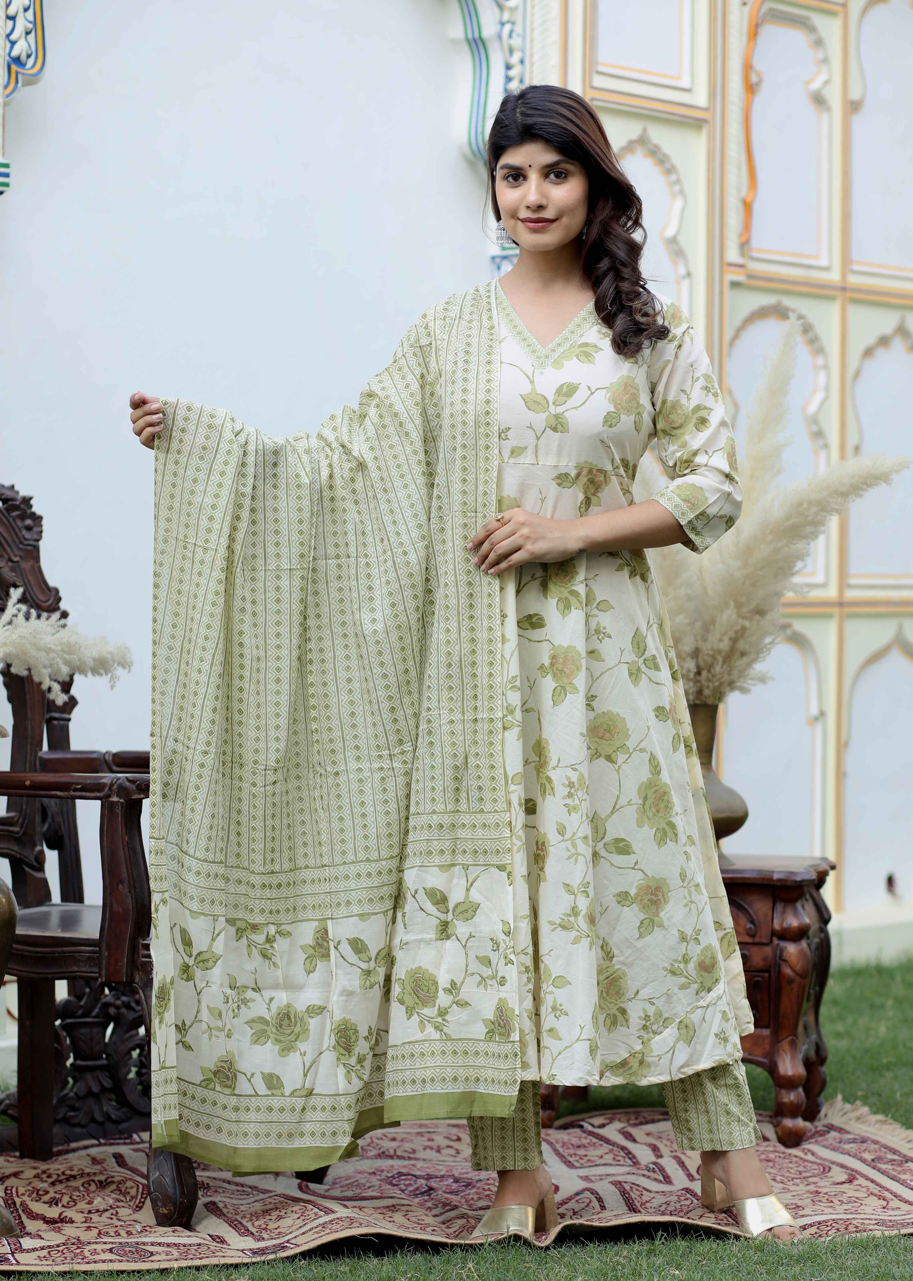 Womens'S Attractive Floral Print Cotton Anarkali Kurta Palazzo & Dupatta Suit Set
 - Doriyaan