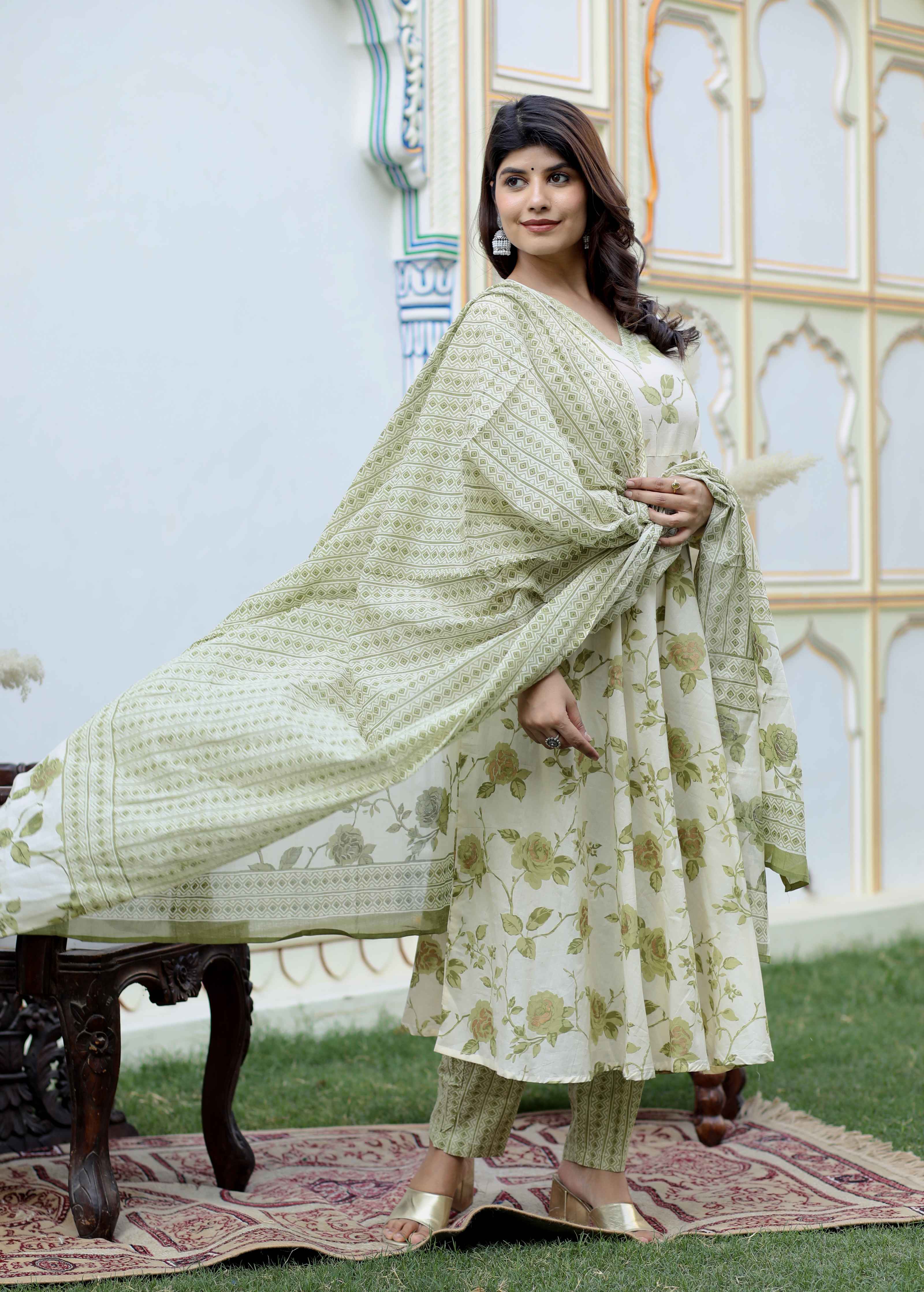 Womens'S Attractive Floral Print Cotton Anarkali Kurta Palazzo & Dupatta Suit Set
 - Doriyaan