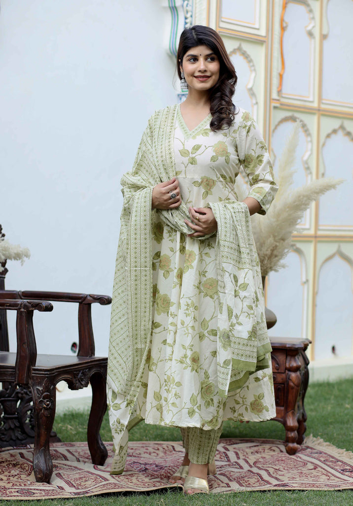 Womens'S Attractive Floral Print Cotton Anarkali Kurta Palazzo & Dupatta Suit Set