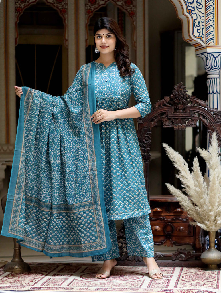 Women's Blue Printed Floral Nayra Cut Cotton Kurta & Palazzo With Dupatta Set
