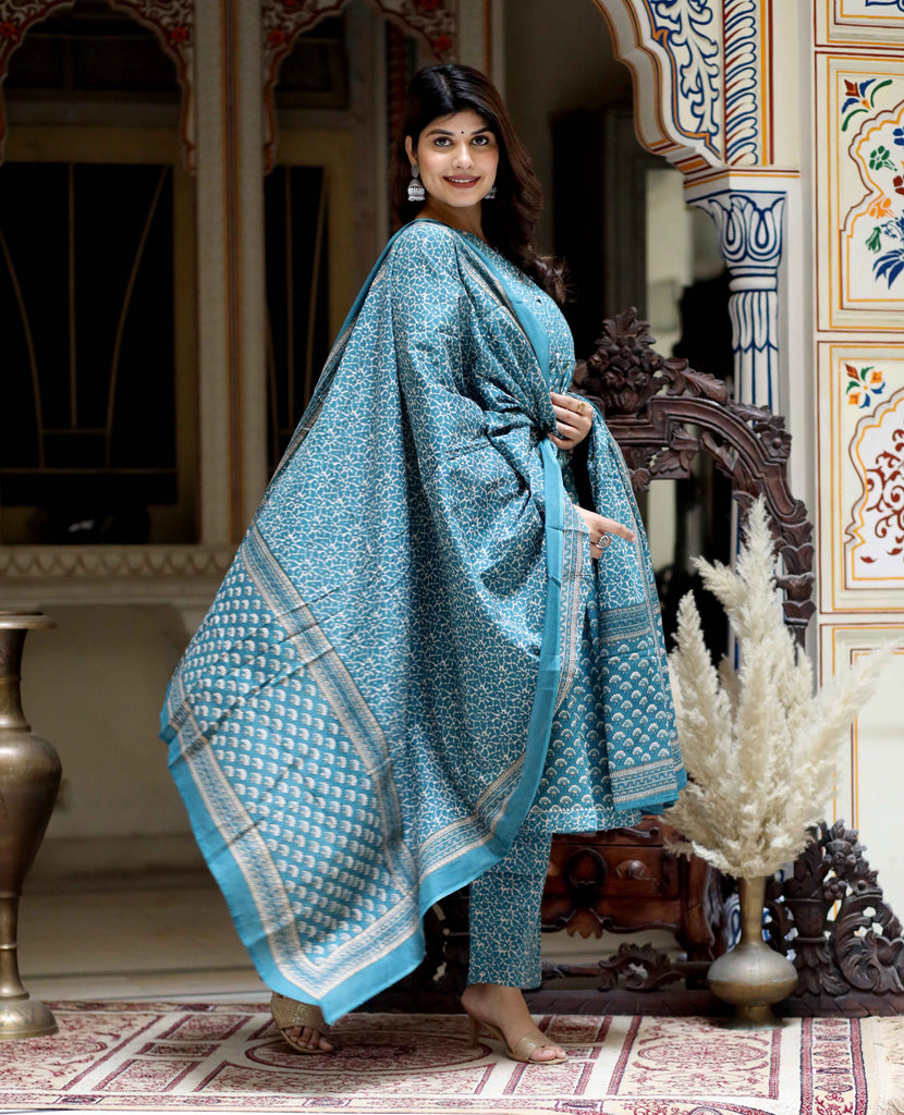 Women's Blue Printed Floral Nayra Cut Cotton Kurta & Palazzo With Dupatta Set