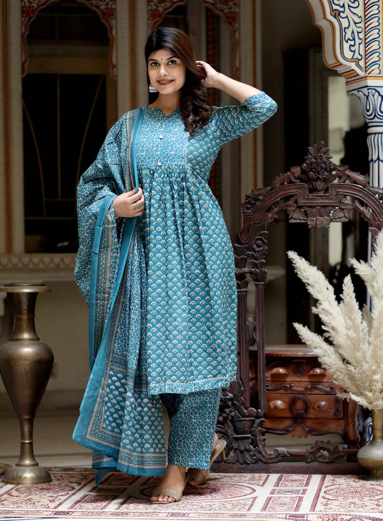 Women's Blue Printed Floral Nayra Cut Cotton Kurta & Palazzo With Dupatta Set