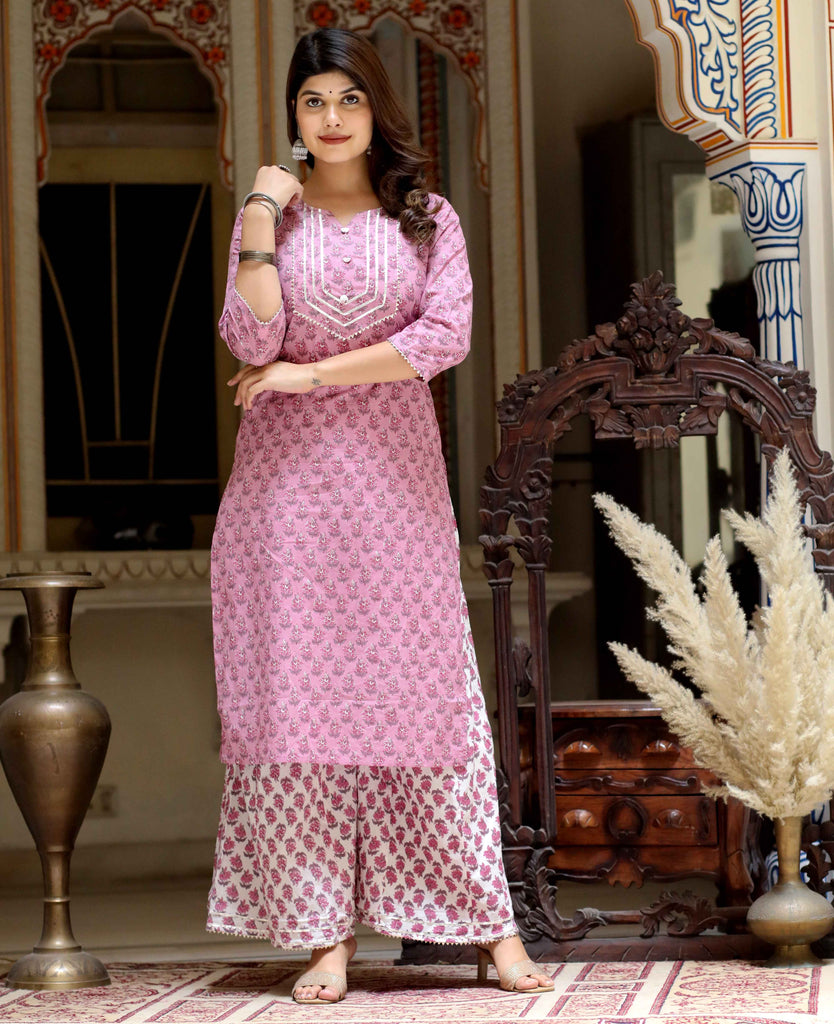 Women's Floral Printed Straight Cotton Gota Lace Kurta And Palazzo Set