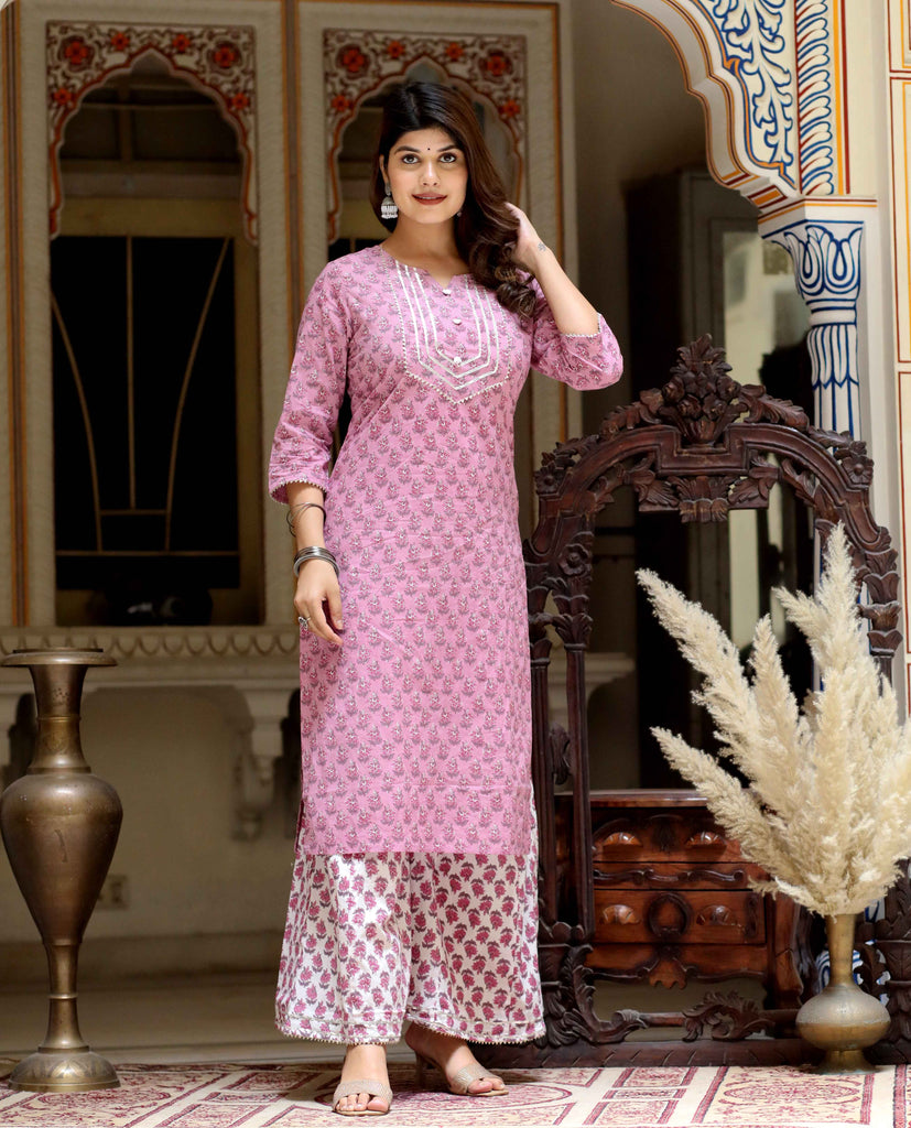 Women's Floral Printed Straight Cotton Gota Lace Kurta And Palazzo Set