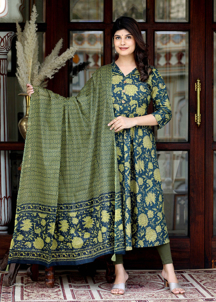 Women's Cotton Floral Print Green Gorgeous Look Anarkali Kurta With Dupatta
