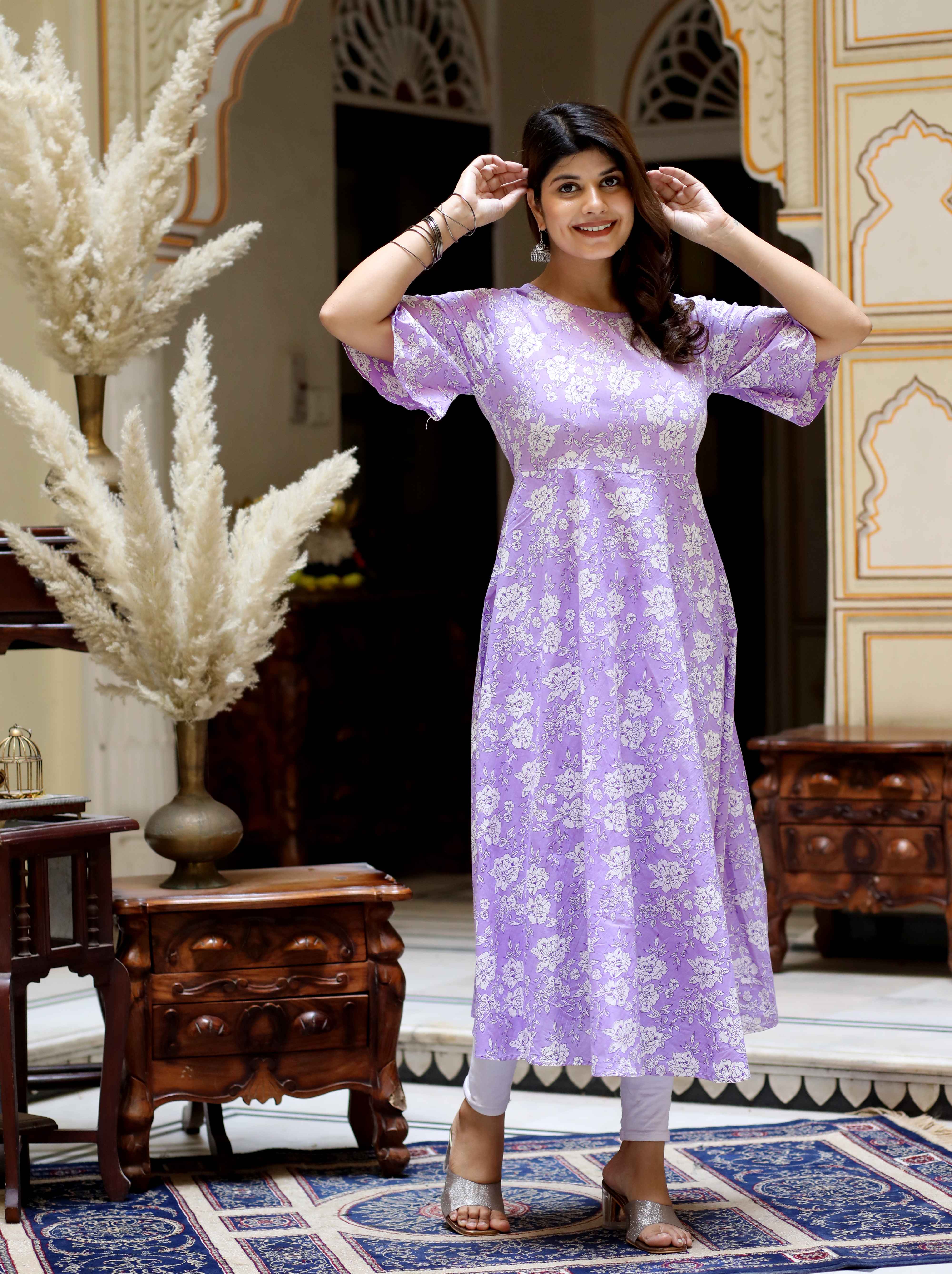 Women's Floral Printed Festive Wear Lavender Anarkali Kurta - Doriyaan
